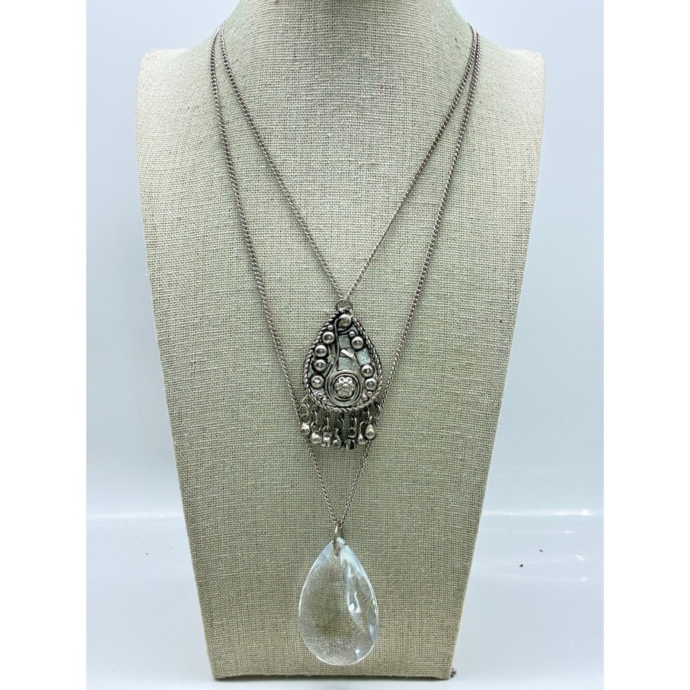 Vintage Silver Tone Necklace Lot of 2 Ornate Metalwork and Faceted Crystal Drop